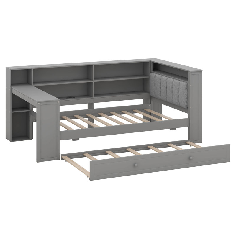 Multi-Functional Twin Size Daybed With Trundle, Built-In Desk, Wood Corner Bed With 8 Storage Shelves, Charging Station, And Upholstered Headboard