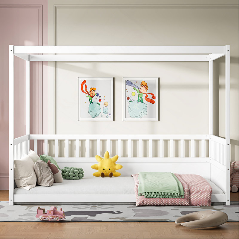 Structure de lit à baldaquin en bois pleine grandeur avec garde-corps, conception à baldaquin et style Montessori - idéale pour les enfants, les filles et les garçons