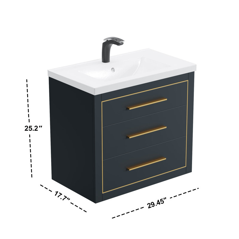 Damaiya 29.4'' Single Bathroom Vanity with Ceramic Top, Charcoal, Brass 