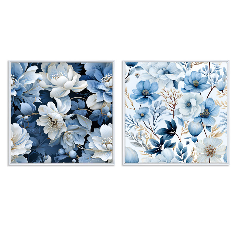 Fresnes - Ensemble de 2 collages floraux carrés, H 16 po x l 33 po, Cadre flottant blanc