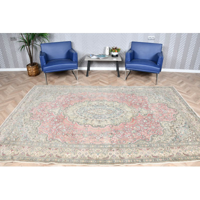Grand tapis rétro de style Oushak en rouge et vert pour un décor de salon traditionnel tissé à la main