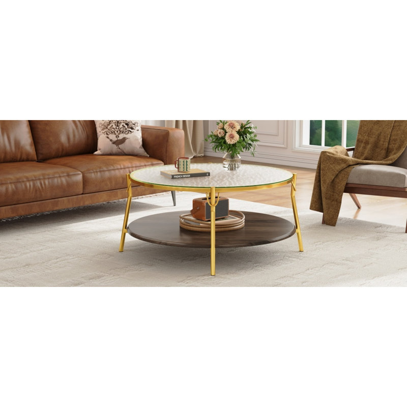 Table basse moderne à 2 niveaux en noyer avec plateau en verre et base dorée pour salon, 29,9 po