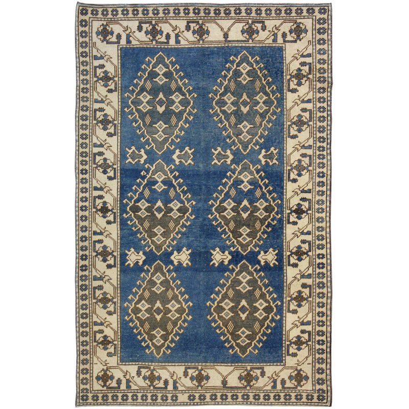 Tapis unique bleu / ivoire 4 pi 6 po x 7 pi Konya