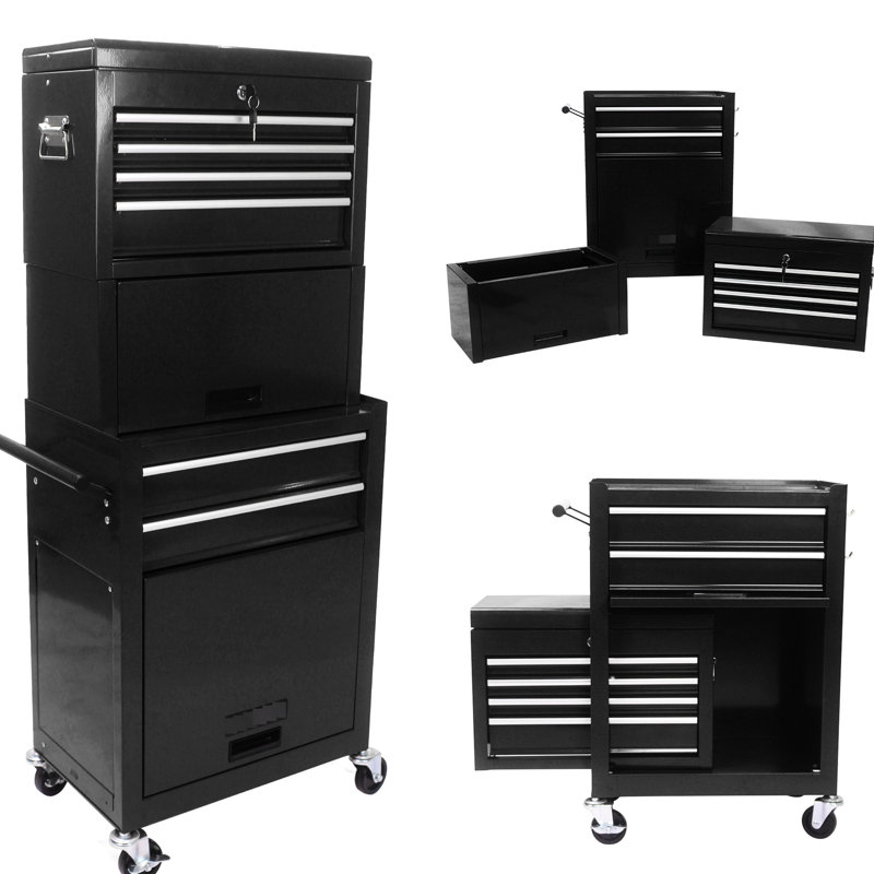 Armoire à outils roulante 2 en 1 avec 6 tiroirs pour garage atelier 6 boîte amovible 4 et poids net de 55,4 lb, Noir