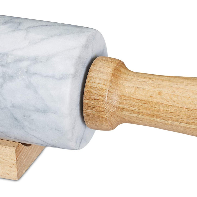 Defonta Marble Rolling Pin For Baking With Wooden Handles Natural White Stone Roller Easy Clean 