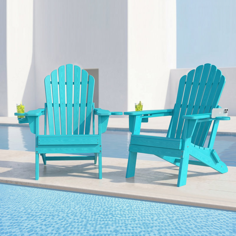 Set of 2 Folding HDPE Adirondack Chairs with Dual Cup Holders – All-Weather Outdoor Patio Seating, Turquoise