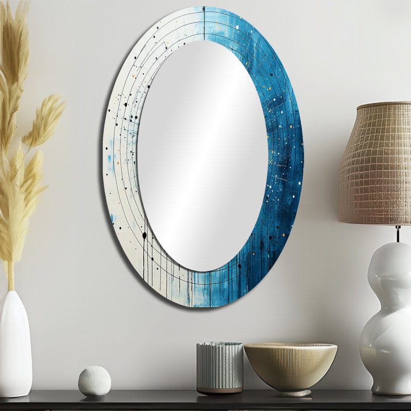 White Blue Minimalism Moon - Blue Modern Oval Wall Mirror, 36" x 24"