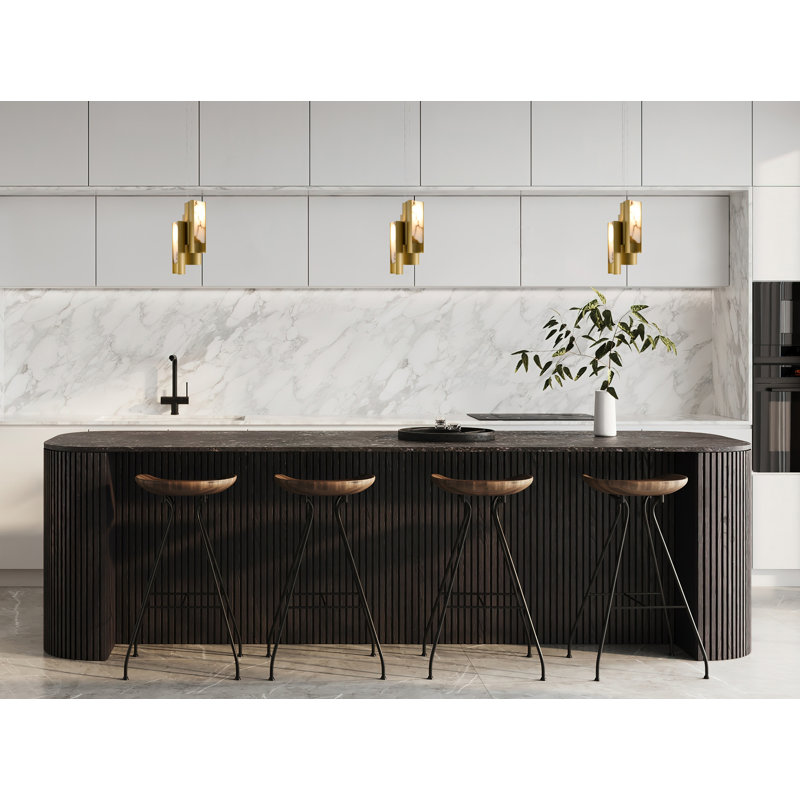 Luminaire suspendu 3 lumières DEL en laiton satiné avec accents albâtre blanc