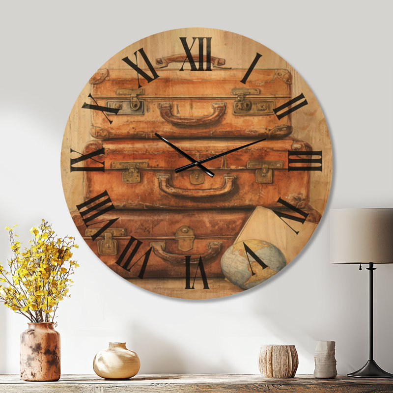 Très grande horloge murale rétro en bois - Valises de voyage rétro, Oversized