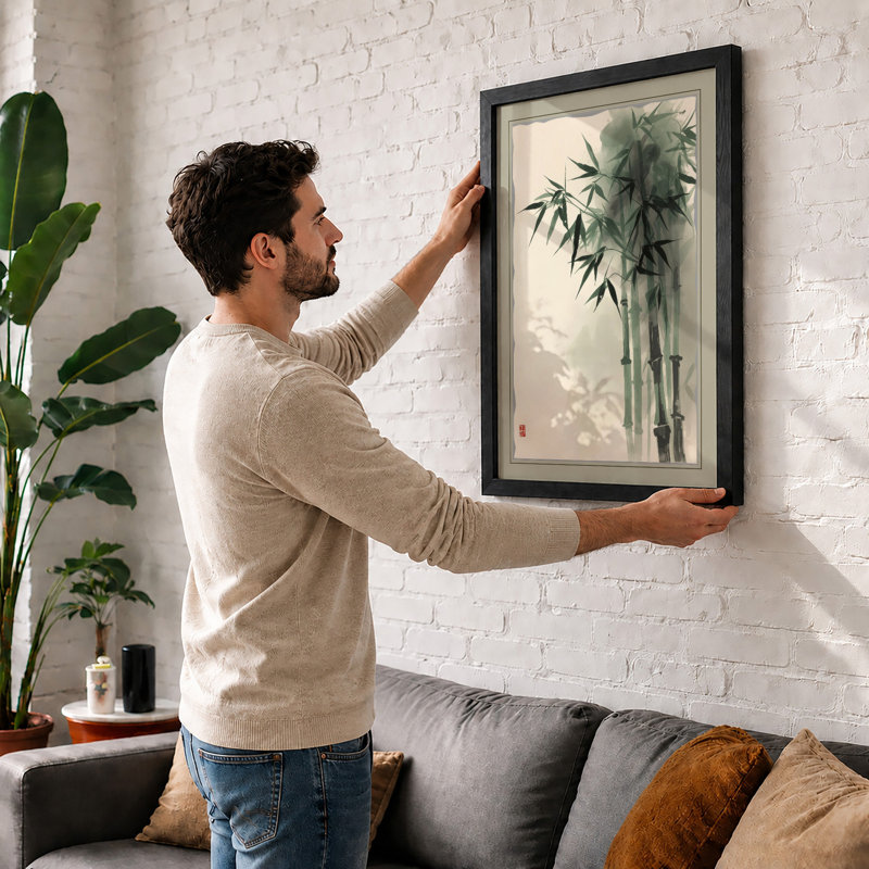 Bamboo in Ink Japandi - Framed Print, A2 - 59.4 x 42.0 cm, Black
