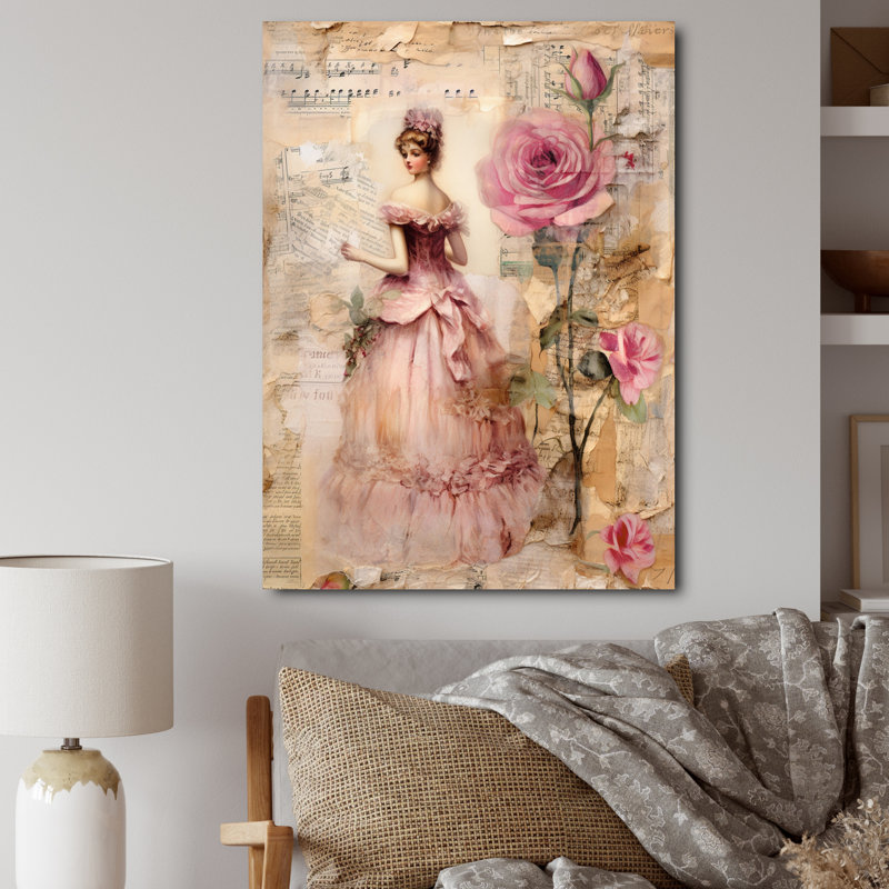 «Victorian Lady Pink Roses Rustic Vintage I - Rose», art mural encadré, H 20 po x l 12 po x P 1 po, Toile tendue