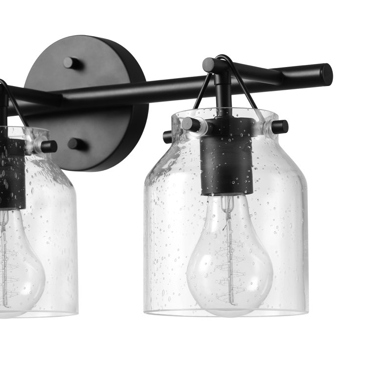 5-Piece All-In-One Bathroom Accessory Set With 22" 3-Light Vanity Light, Matte Black, Seeded Glass Shades, Towel Bar, Robe Hook, Toilet Paper Holder, Towel Ring, Bath, Powder Room