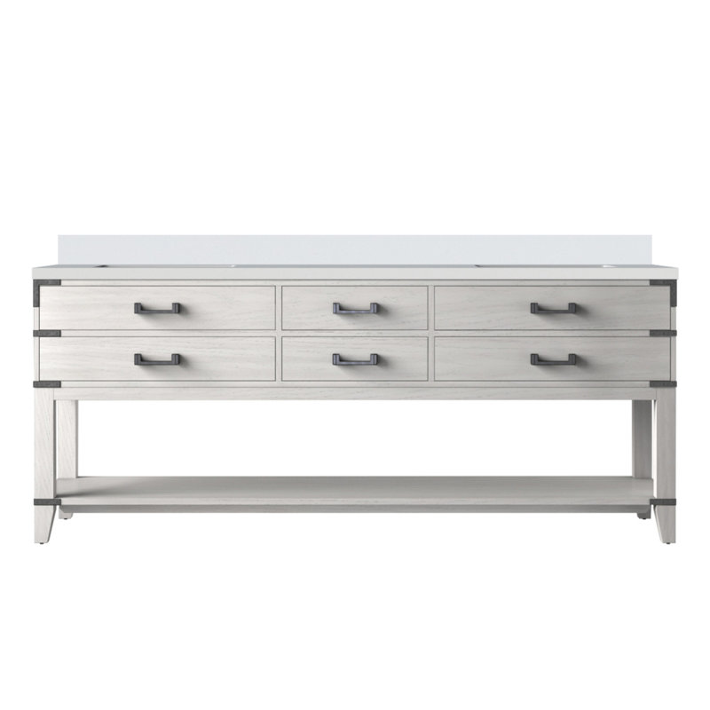 Meuble-lavabo double en chêne blanc 80 po X P 22 po D, avec plateau en quartz blanc, Chêne blanc, 80"