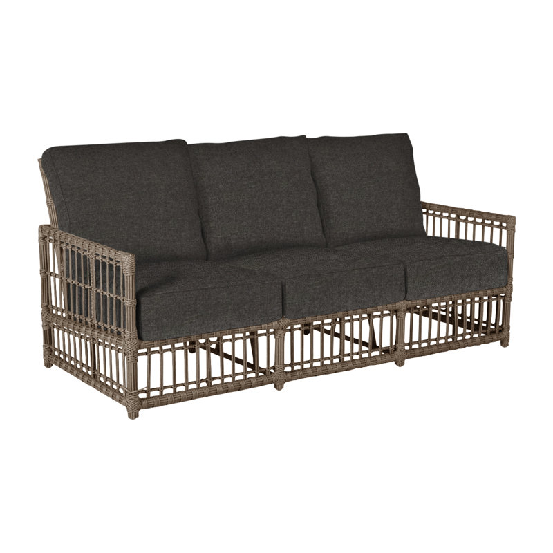 Newport 79" Wide Outdoor Wicker Patio Sofa with Cushions, Indigo Velvet, No Welt, Newport #66 Burlap