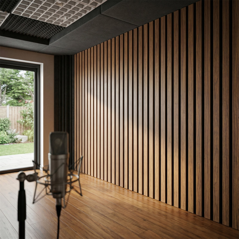 Ensemble de 4 panneaux insonorisants à grille de grain de bois 3D, conception à rainures 3D, excellente réduction du bruit, support adhésif, installation facile à faire soi-même, pour le cinéma maison, le bureau, le studio, la salle de sport