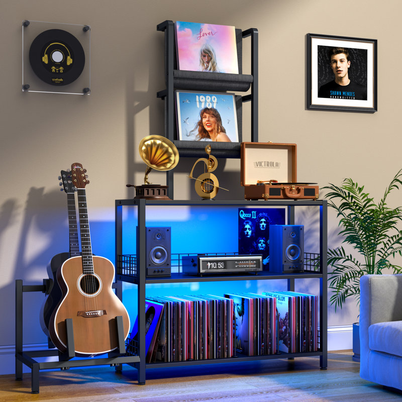 Support pour tourne-disque de 58 po de hauteur avec lumières à DEL et support pour guitare, support pour tourne-disque et support pour tourne-disque, table de tourne-disque à 3 niveaux avec support en vinyle, noir