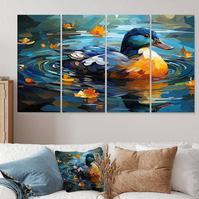Yellow And Blue Duck By The Floral Pound II - Duck 4 Piece Wall Art