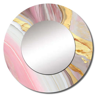 Phaih Pink And Gold Marble Abstract III - Marble Decorative Mirror, Modern Round Wall Mirror, Printed Metal Art