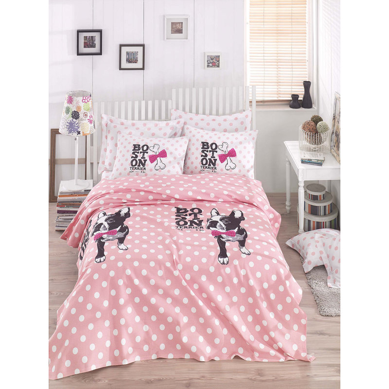 Cotton Dots Coverlet, White/Pink/Black, Full Bedspread