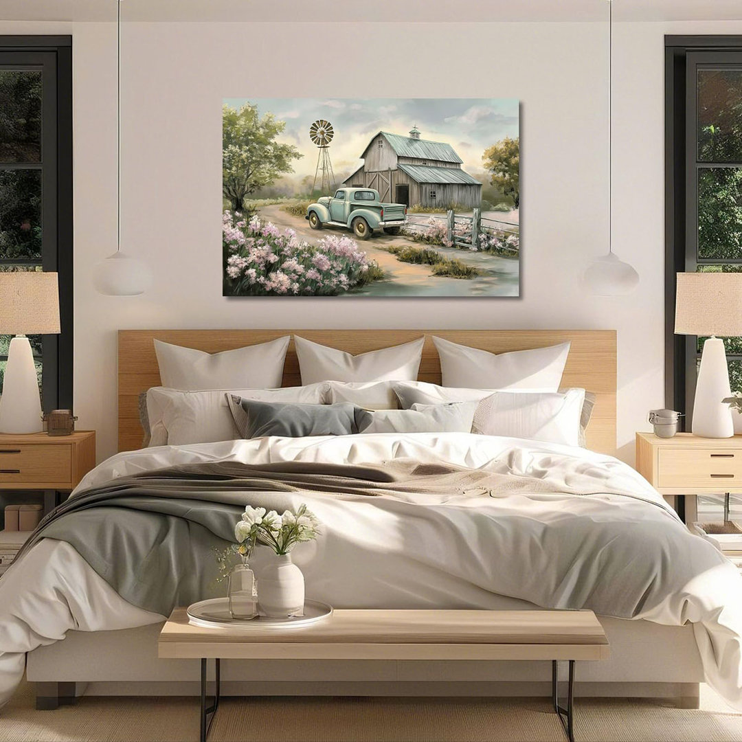 Rustic Farmhouse Wall Art Old Barn Canvas Print Windmill with Truck Picture Wall Decor Country Scenery Painting Vintage Artwork for Modern Home Decor