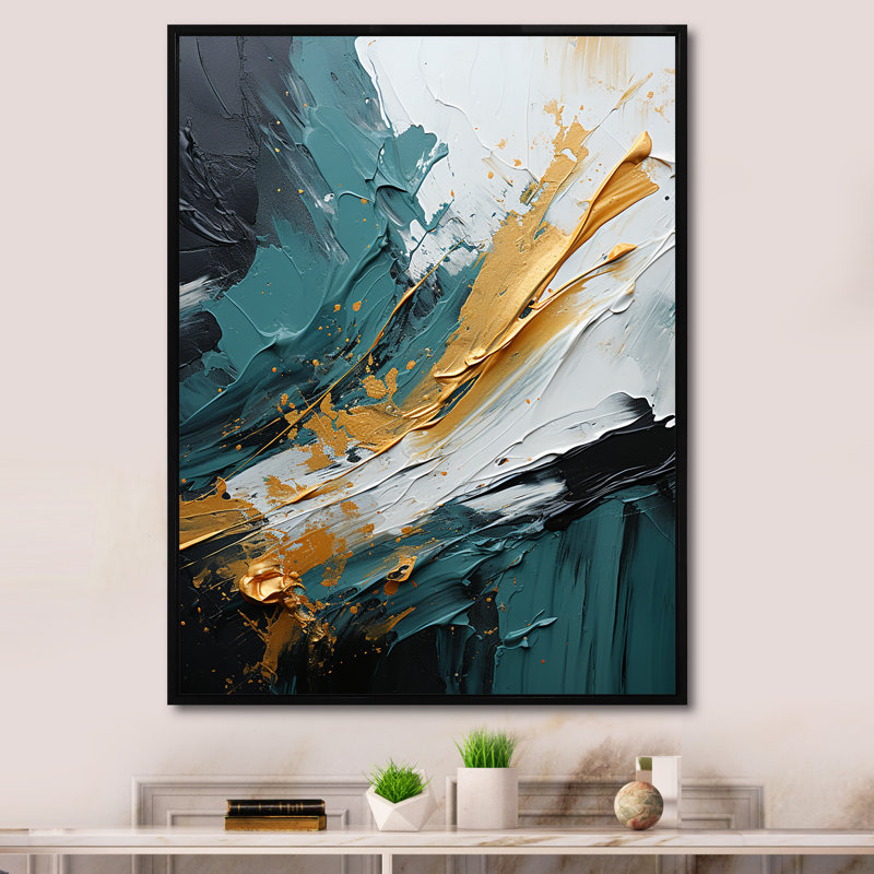 Or et vert cascade de marbre blanc VI - art mural abstrait, Cadre flottant noir, H 20 po x l 12 po x P 1 po