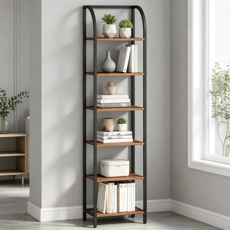 Bibliothèque étroite, bibliothèque haute à 6 niveaux avec structure en acier, étagère de rangement de style industriel, étagère de présentation Skinny pour salon, bureau et bureau à domicile