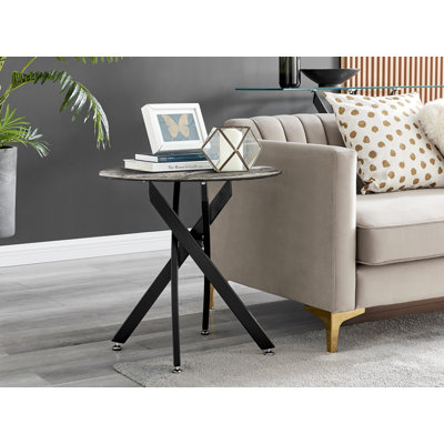 Cesarino Marble Effect Round Sofa Side Table - Glass Topped Metal Leg Small Table