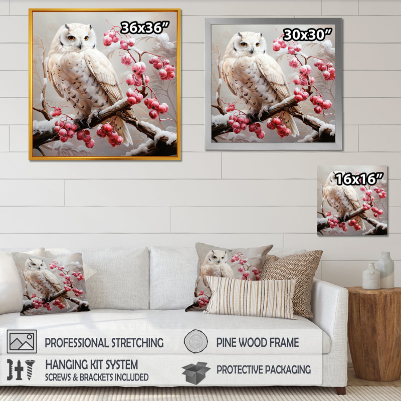 Snowy Owl Winter Blooms Perch II - hibou, art mural animal, H 16 po x l 16 po x P 1 po, Cadre doré simple