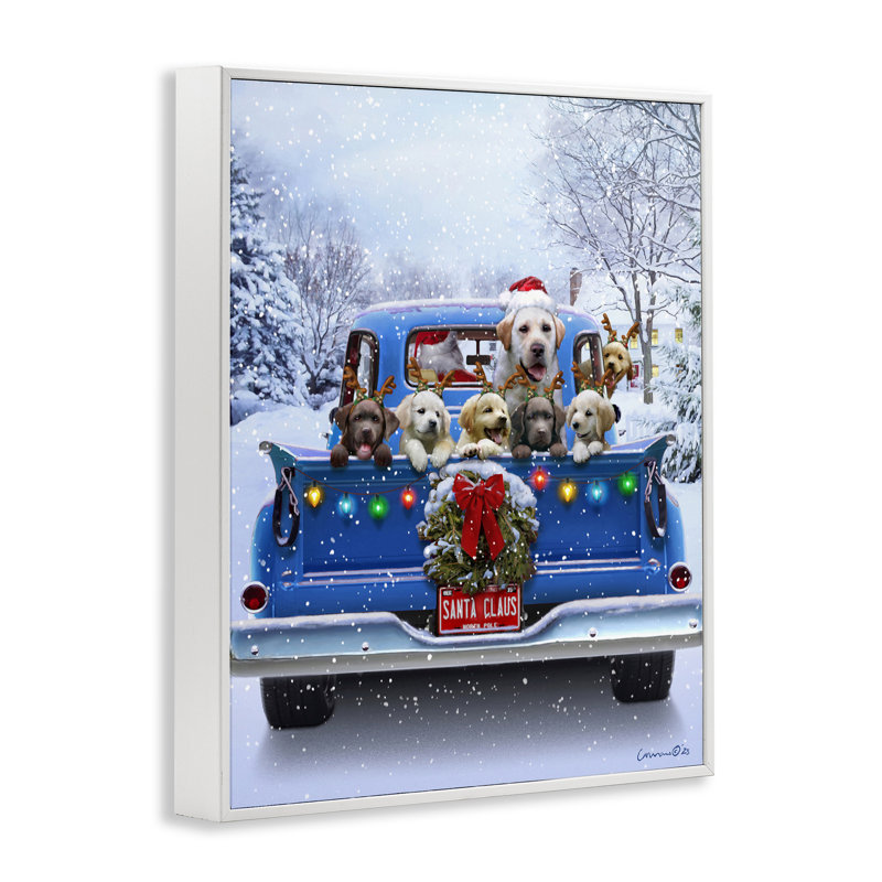 «Christmas Tailgate Puppies», estampe numérique de Jadei, H 14 po x l 11 po, Estampe numérique encadrée blanc bord de mer
