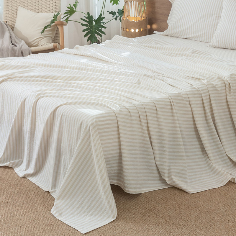 Moomee Striped Flat Sheet 100% Washed Cotton Linen Like Textured Breathable Lightweight, King Flat Sheet