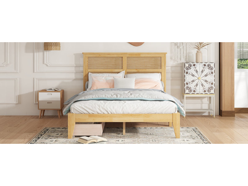 Full White Oak Rubber Wood Bed with Rattan Headboard and Storage Drawers