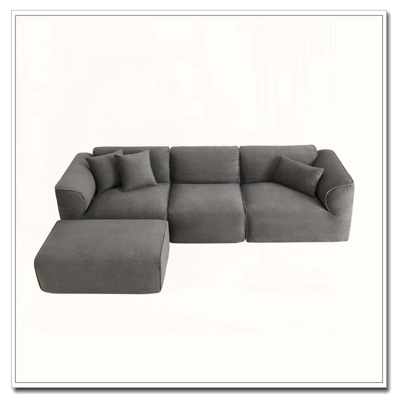Canapé 4 places en velours à double aiguille avec repose-pieds et 3 coussins décoratifs, Gris
