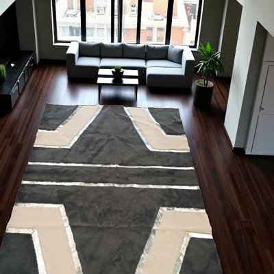 Tapis gris foncé foncé à motif géométrique moelleux, tapis de salon moderne