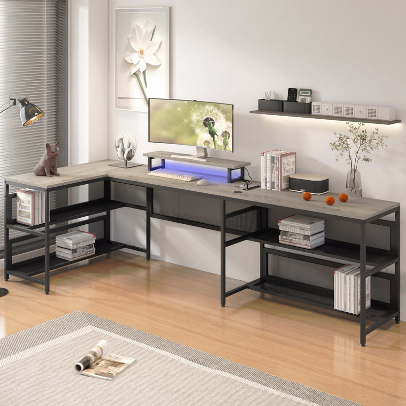 U Shaped Desk With Power Outlets & Led Strip & Monitor Stand, L Shaped Desk With Storage Shelf, Home Office Gaming Desk, Vintage