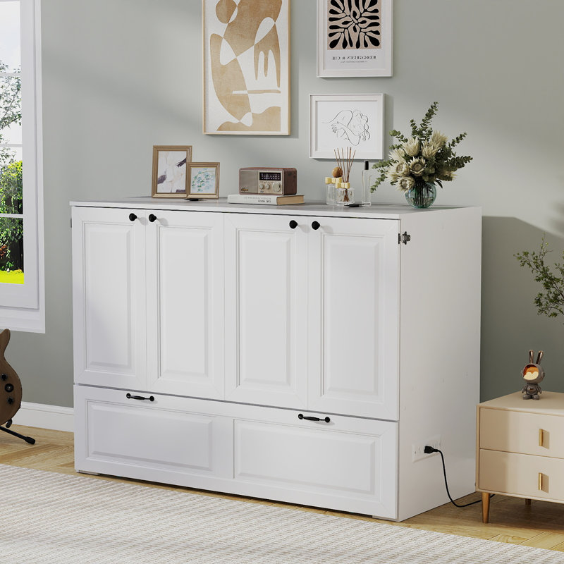 Full Size Murphy Bed Cabinet with USB Charging Station Space-Saving Foldable Platform Bed with Storage Drawer, White, White