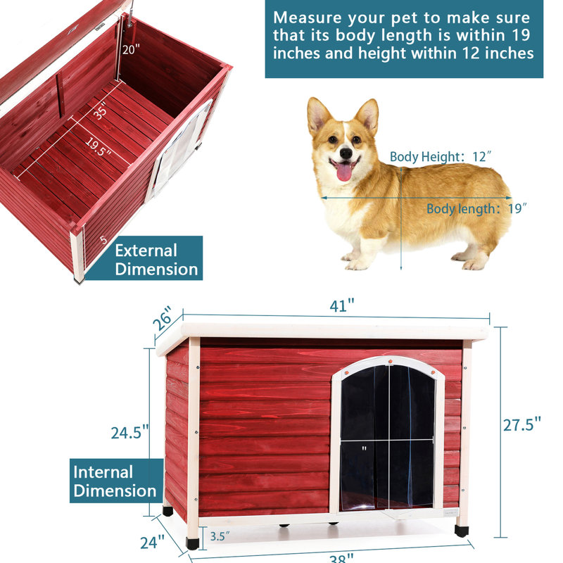 Rideau de porte moyen pour chien en rouge - Toit imperméable 100% bois naturel et plancher surélevé avec rideaux de porte réglables pour les chiens pesant jusqu'à 70 lb, livres