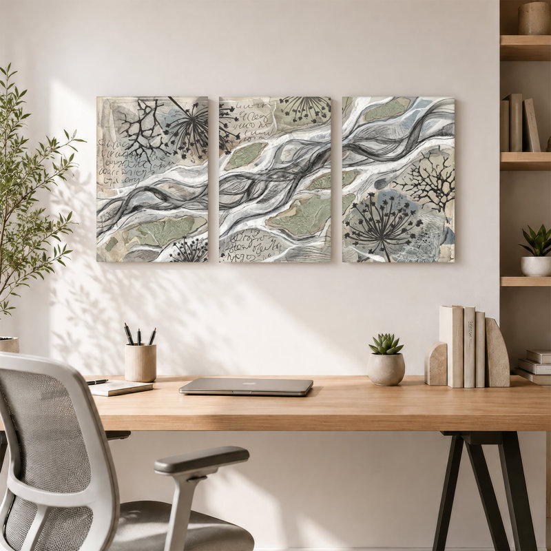 Fleurs noires et lignes ondulées grises sur fond vert beige discret, ensemble de 3 toiles, H 18 po x l 12 po x 3 pièces