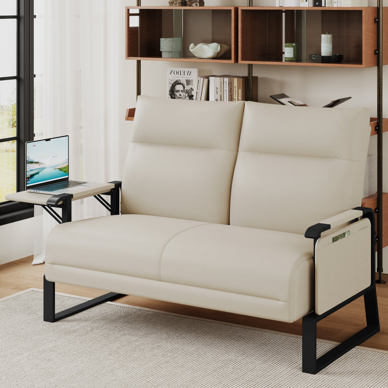 Canapé-lit de 49,6 po de largeur avec accoudoirs de style moderne Mid-Century pour petits espaces, canapé à 2 places revêtu de tissu galvanisé à haute résistance avec plateau latéral