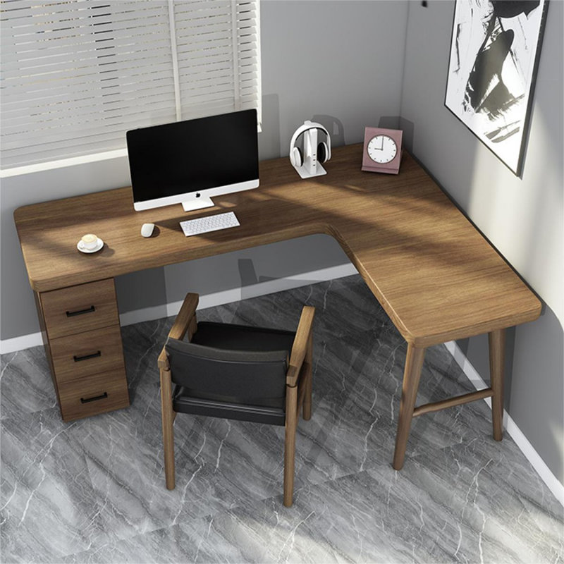 Bureau double caisson en L en bois massif avec 3 tiroirs, H 29,53 po x l 55,12 po x P 39,37 po, Retour à droite