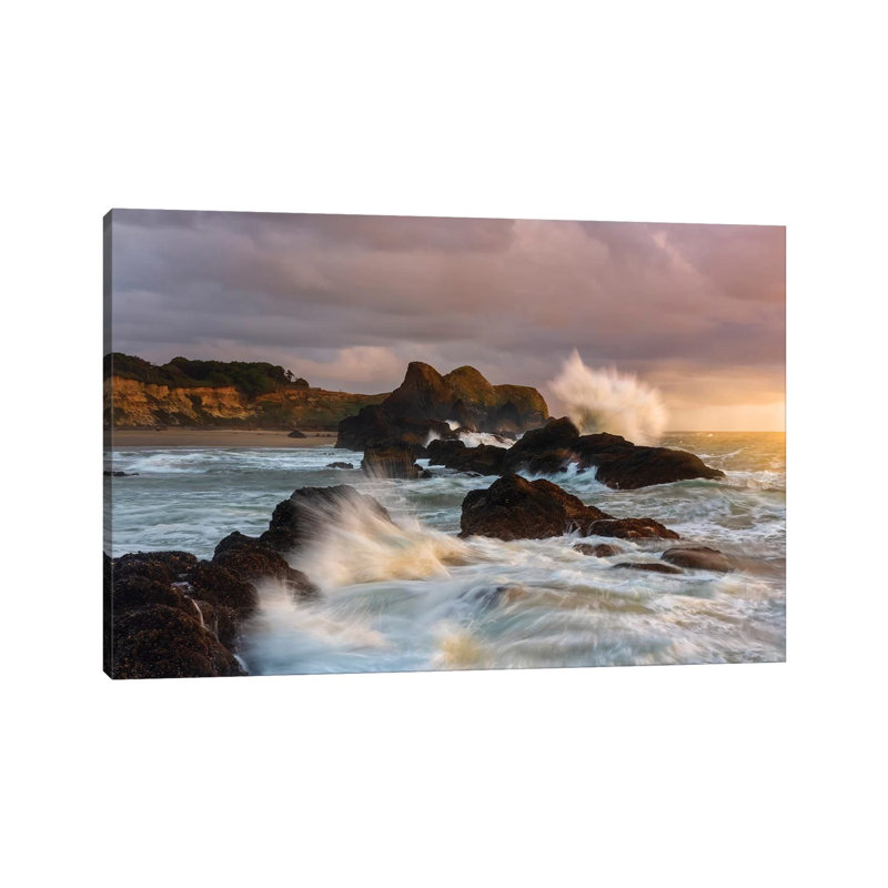Large Waves Crashing Against The Sea Stacks Along The Beach Of Seal Rock by Sheila Haddad - Wrapped Canvas Print
