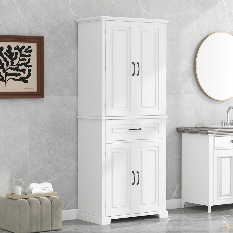Armoire de rangement pour salle de bain avec portes et tiroir, plusieurs espaces de rangement, tablette réglable, Blanc