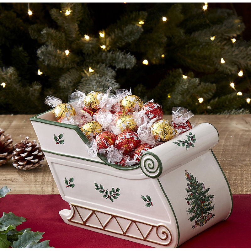Spode Christmas Tree Figural Sleigh, 7.5" Dolomite Decorative Holiday Sleigh for Christmas Table Decor, Candy Holder, Snack Dish - Holiday Serveware & Festive Decorations