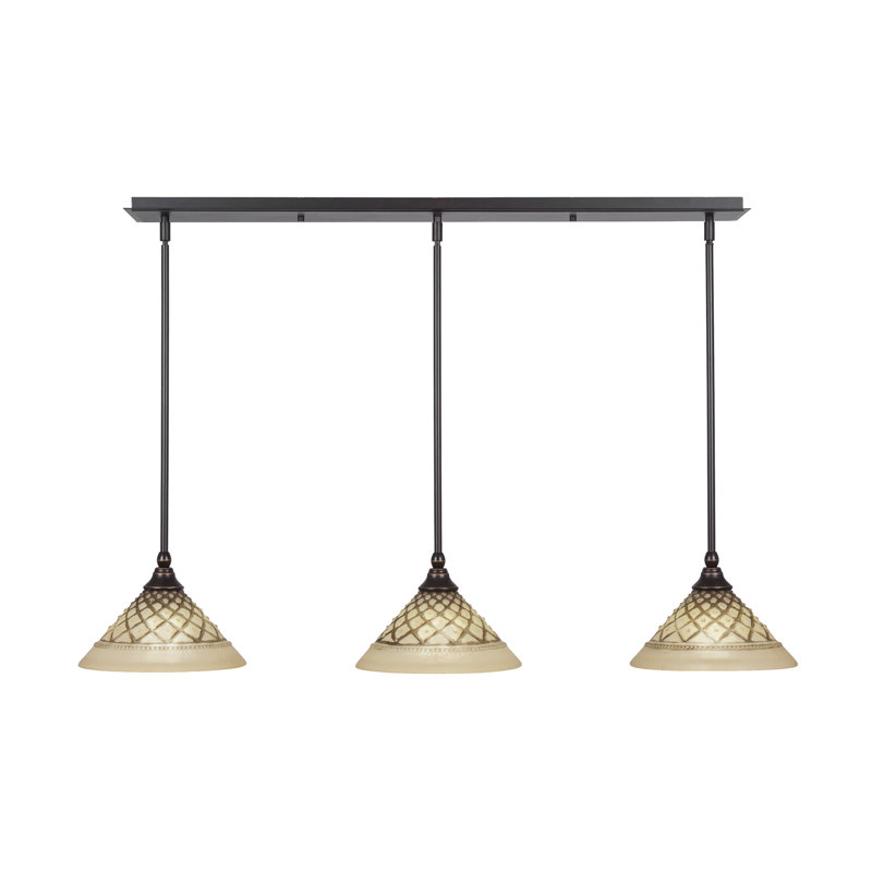 3 Light Stem Hung Linear Pendalier Shown With 10" Chocolate Icing Glass, Dark Granite