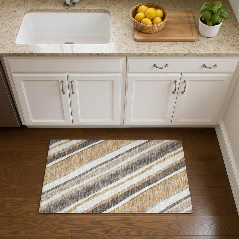 Premium Machine Washable Mayfield AMF2282 Striped Rug, 1'8" x 2'6", Gold