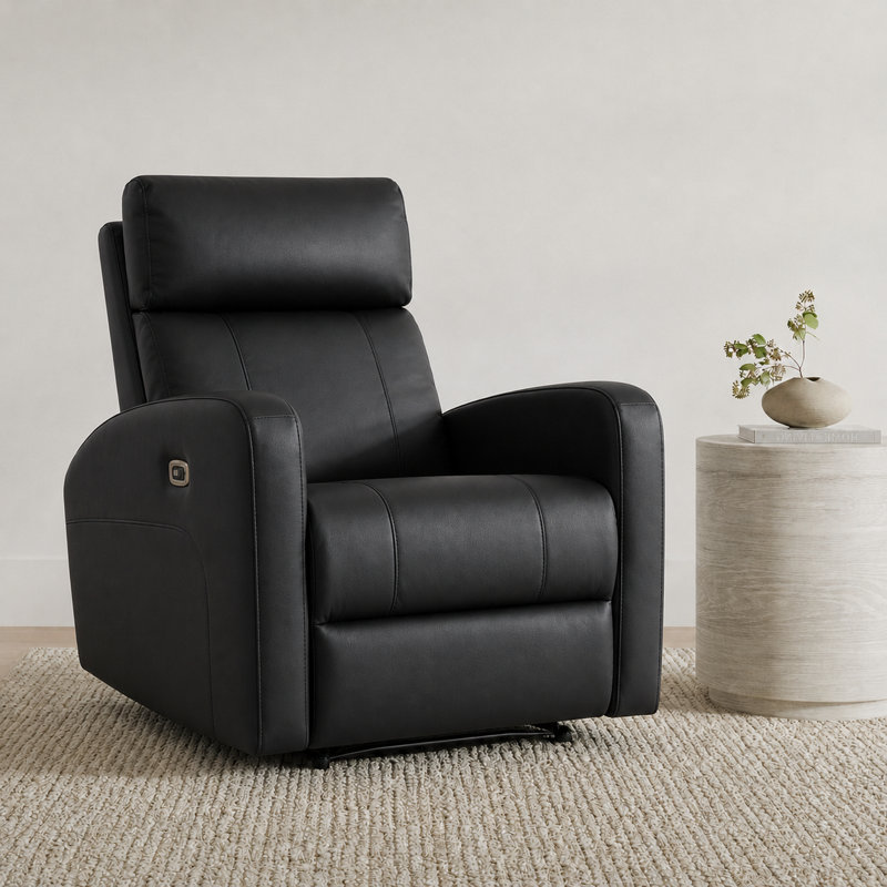31.1" Wide Genuine Leather Power Recliner with Adjustable Headrest, Black Genuine Color