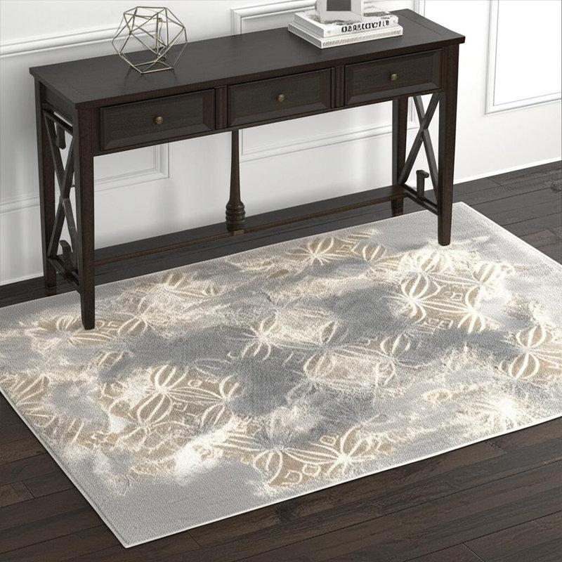 Tapis gris clair tissé à la machine abstrait 4 pi x 6 pi résistant aux taches