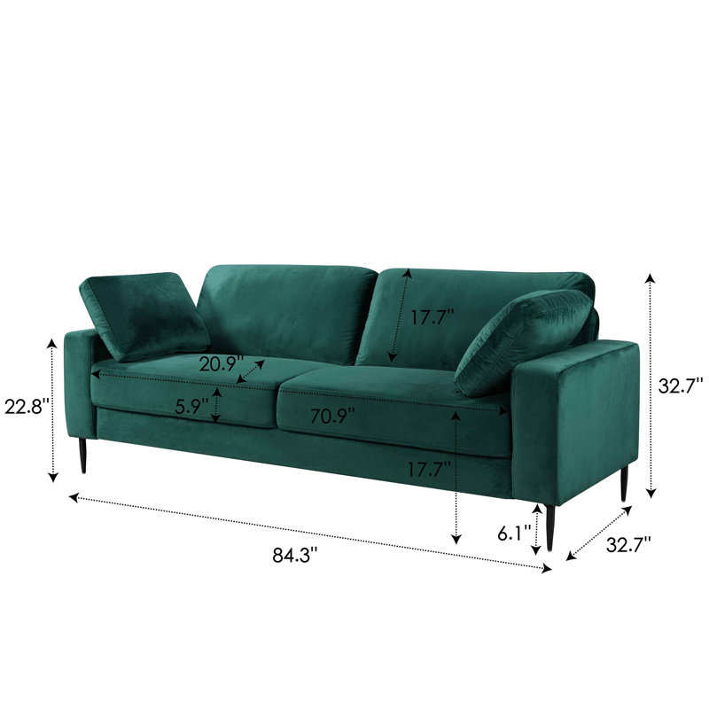 Etta 214.1Cm Velvet Square Arms Sofa, Green Velvet