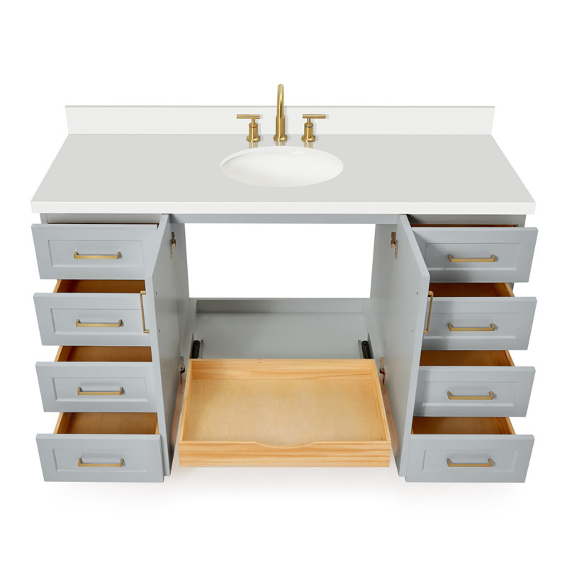 61 IN.  Single Bathroom Vanity, Gray, Oval, White Quartz
