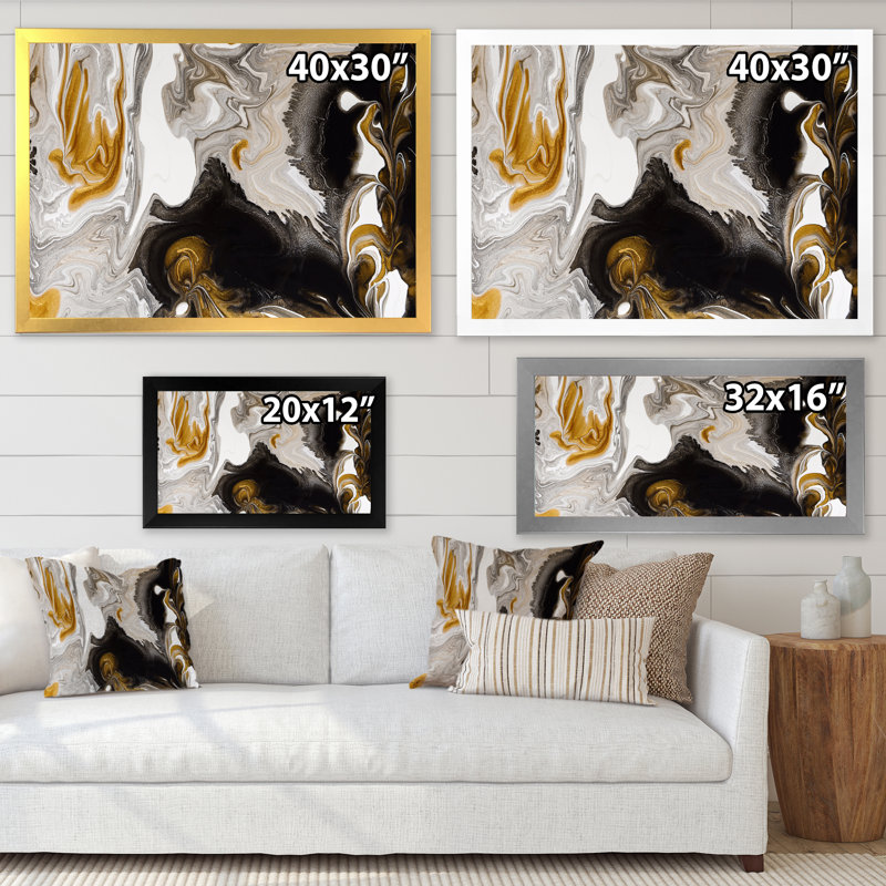 Or et vagues de marbre noir II - peinture sur toile, H 24 po x l 32 po, Cadre photo argenté