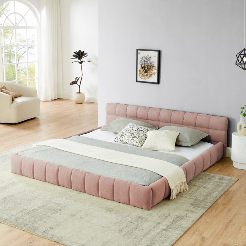 Très grand cadre de lit tapissier très grand avec tissu épais, lit plateforme grand format en chenille avec tête de lit et structure solide. Aucun sommier tapissier requis - rose (88,5 po x 85,5 po x 24 po)